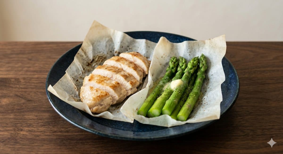 鶏むね肉とアスパラのクッキングシート焼き