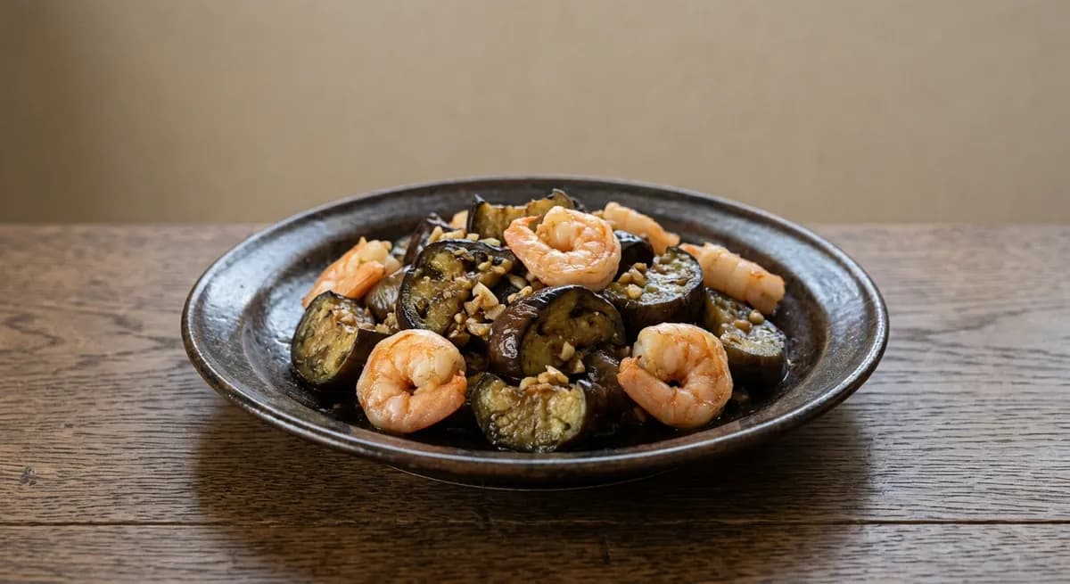 なすとエビのにんにく炒め