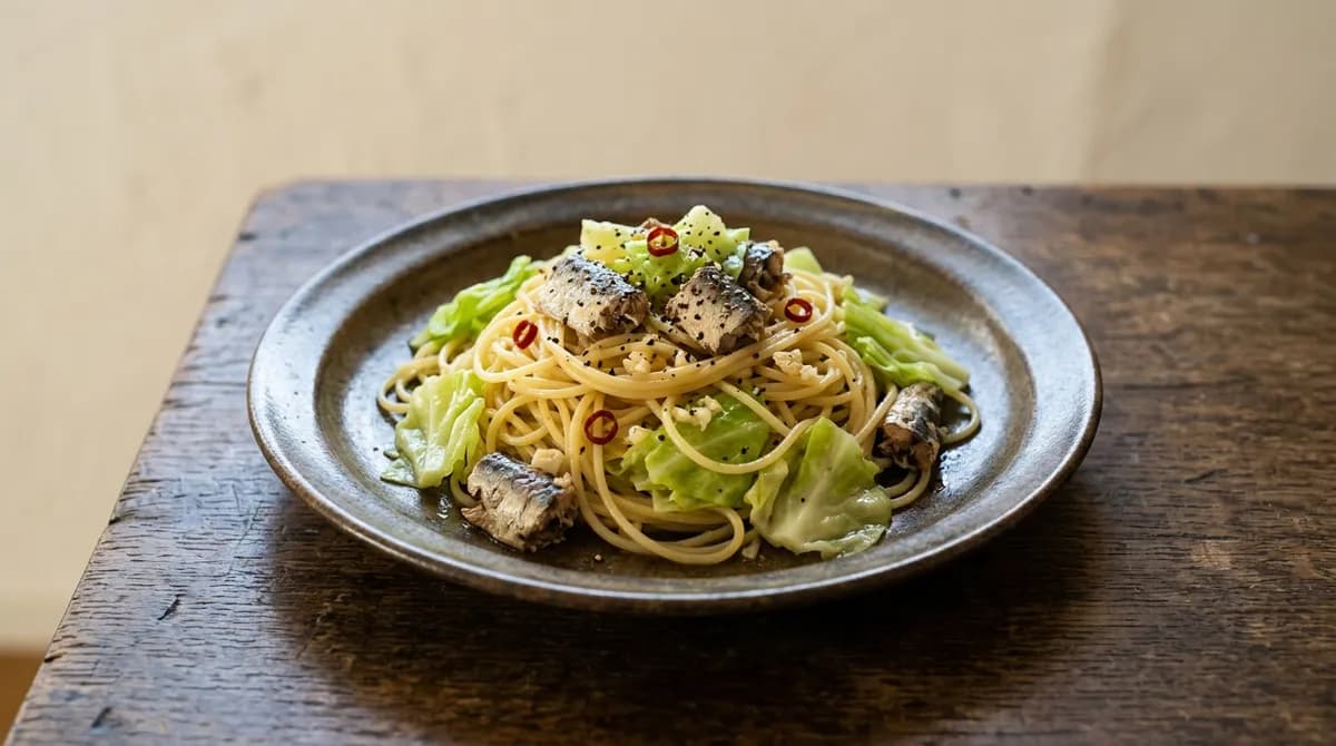 キャベツとオイルサーディンのパスタ