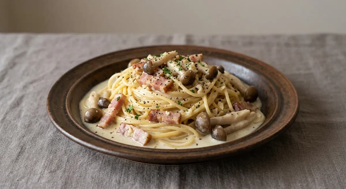 ベーコンとしめじのクリームパスタ