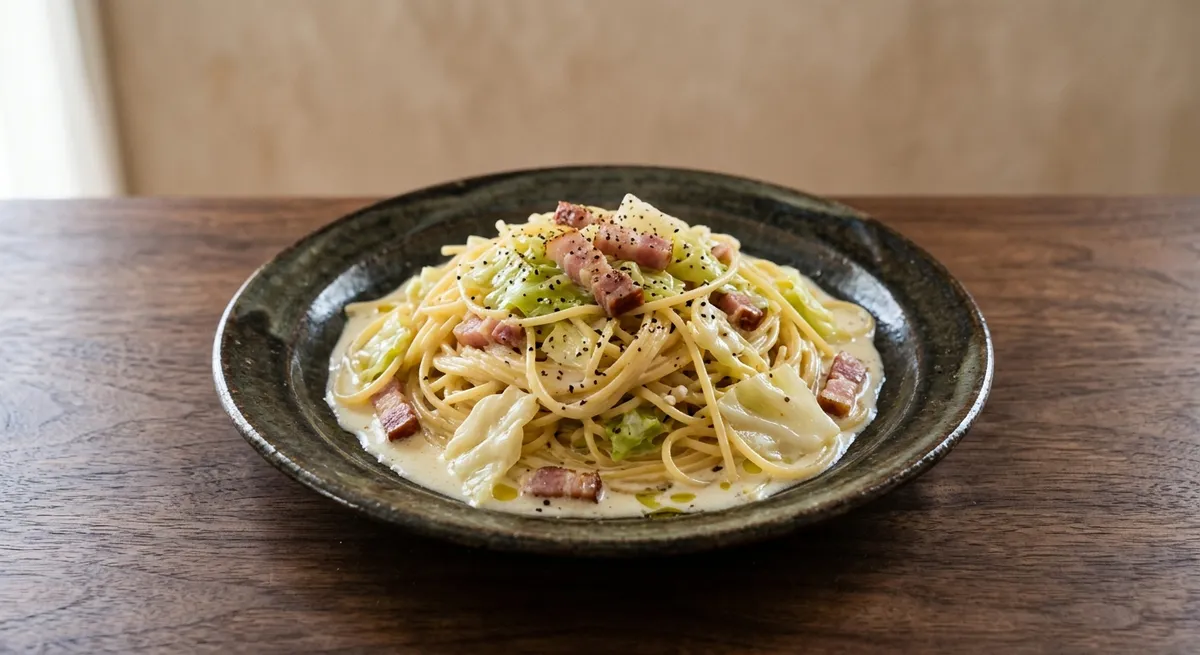 キャベツとベーコンのクリームパスタ